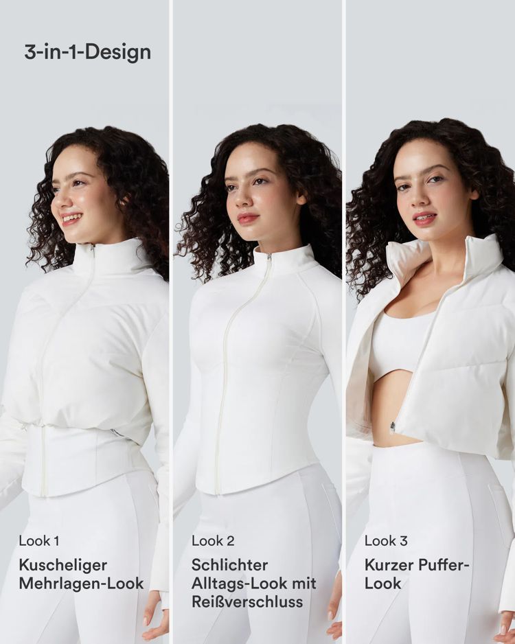 Lässige, kurze 3-in-1 Stretch-Pufferjacke mit Stehkragen, Seitentaschen, langen Ärmeln, Daumenlöchern und geschwungenem Saum