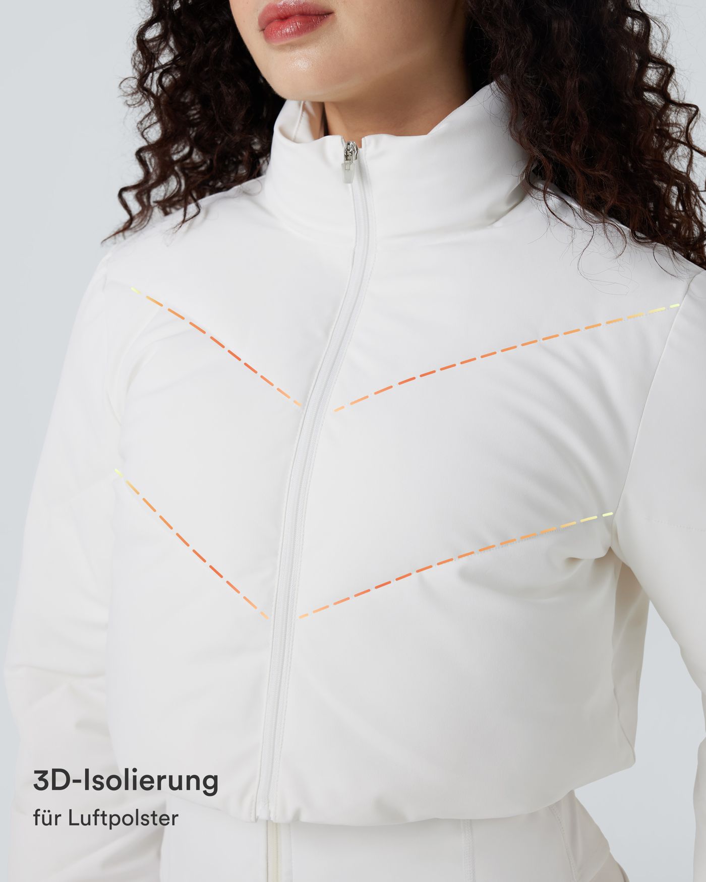 Lässige, kurze 3-in-1 Stretch-Pufferjacke mit Stehkragen, Seitentaschen, langen Ärmeln, Daumenlöchern und geschwungenem Saum