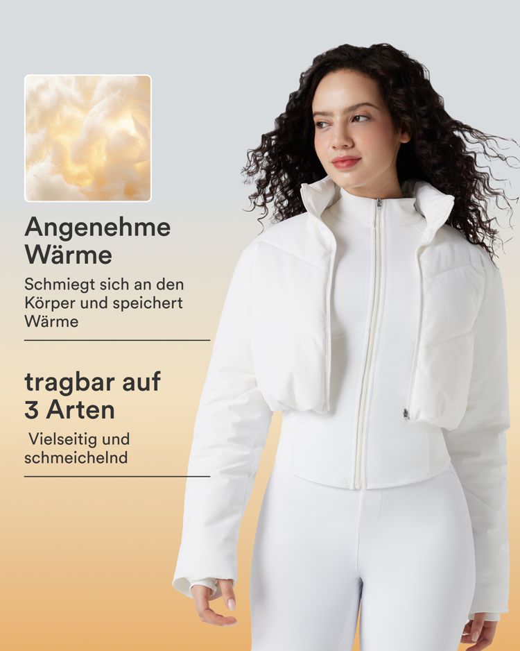Lässige, kurze 3-in-1 Stretch-Pufferjacke mit Stehkragen, Seitentaschen, langen Ärmeln, Daumenlöchern und geschwungenem Saum