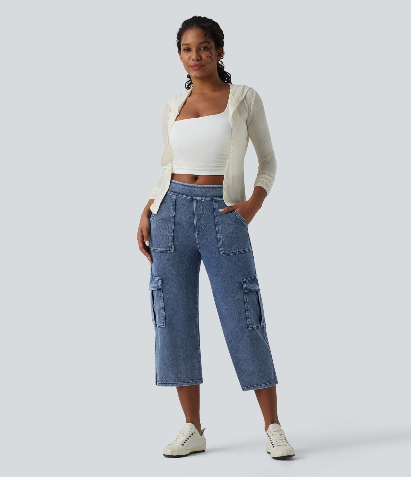Halara Flex™ jeans cargo décontractés, taille mi-haute, jambe droite, longueur raccourcie, avec poches