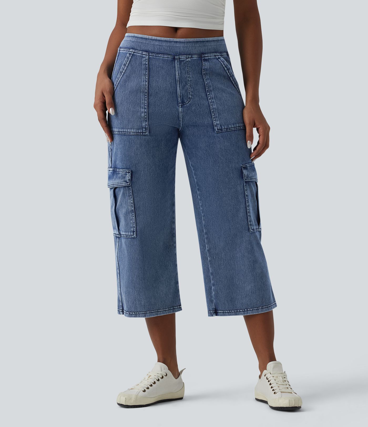 Halara Flex™ jeans cargo décontractés, taille mi-haute, jambe droite, longueur raccourcie, avec poches
