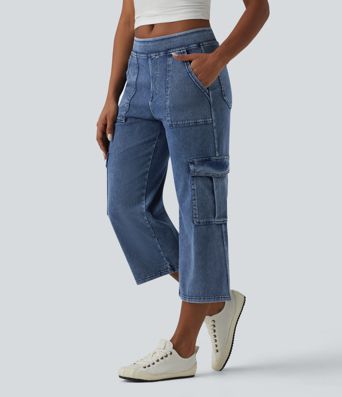 Halara Flex™ jeans cargo décontractés, taille mi-haute, jambe droite, longueur raccourcie, avec poches