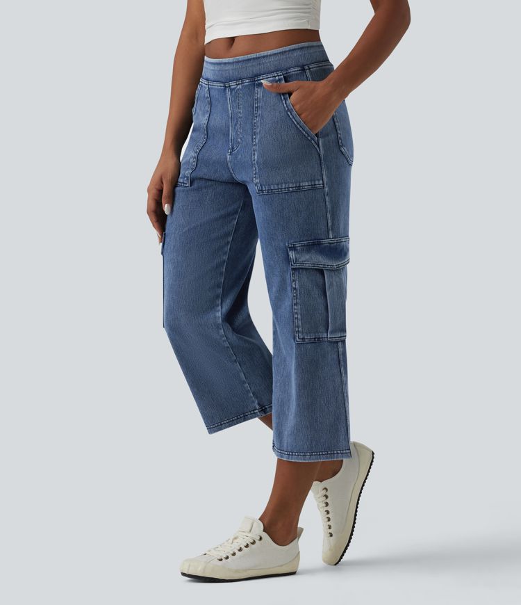 Halara Flex™ jeans cargo décontractés, taille mi-haute, jambe droite, longueur raccourcie, avec poches