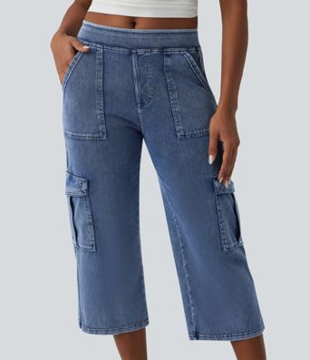 Halara Flex™ jeans cargo décontractés, taille mi-haute, jambe droite, longueur raccourcie, avec poches