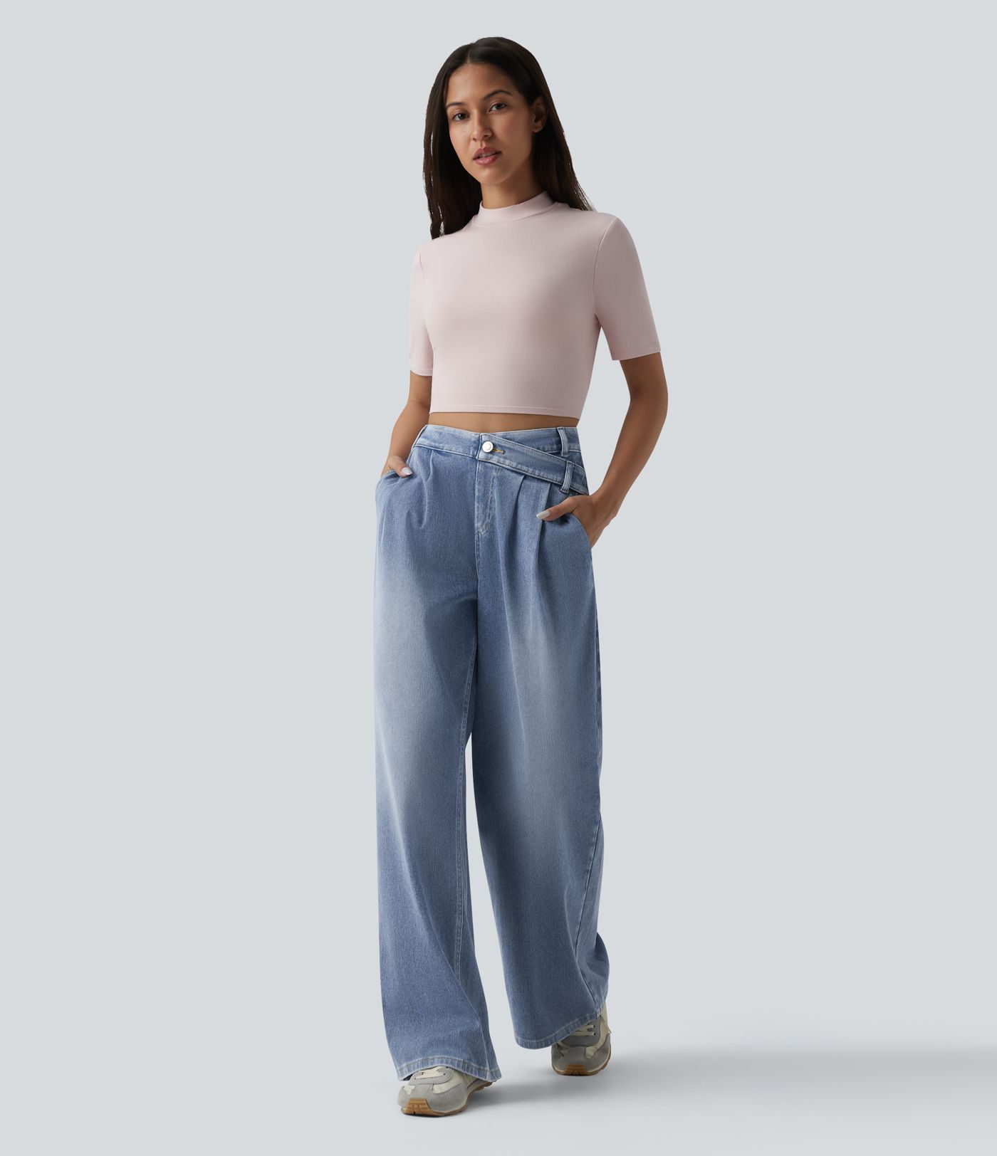 Halara Flex™ Jean large décontracté asymétrique taille haute délavé avec poches