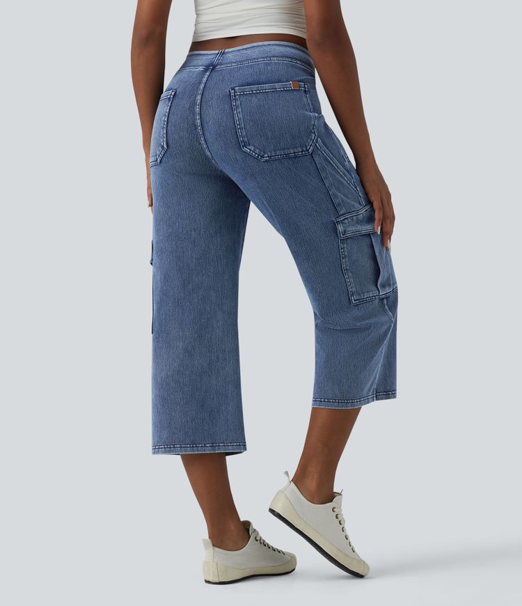 Halara Flex™ jeans cargo décontractés, taille mi-haute, jambe droite, longueur raccourcie, avec poches