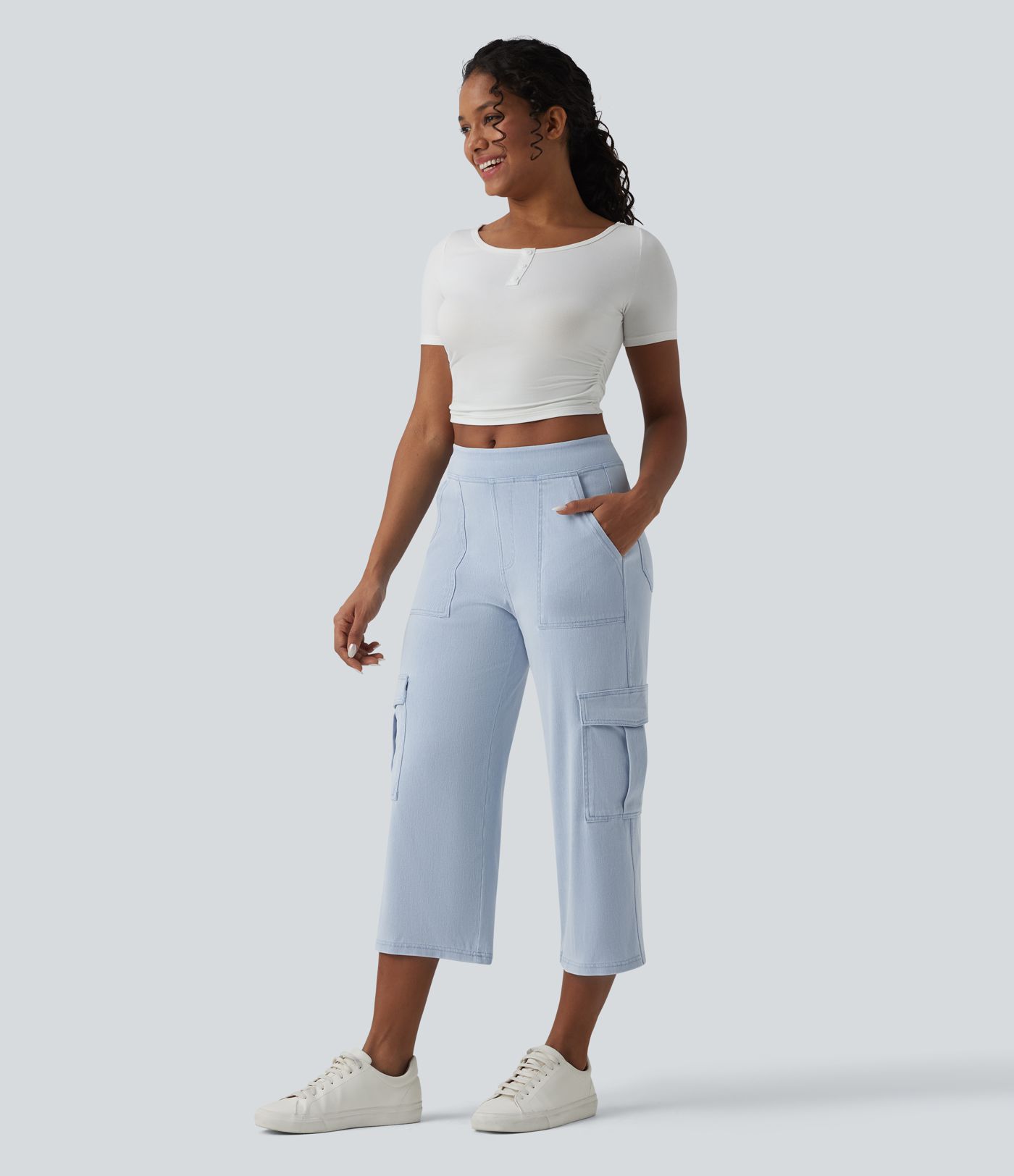 Jean cargo court casual jambe droite taille mi-haute Halara Flex™ avec poches