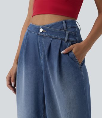 Halara Flex™ Asymmetric High Waisted Wide Leg Washed Casual Jeans with Pockets