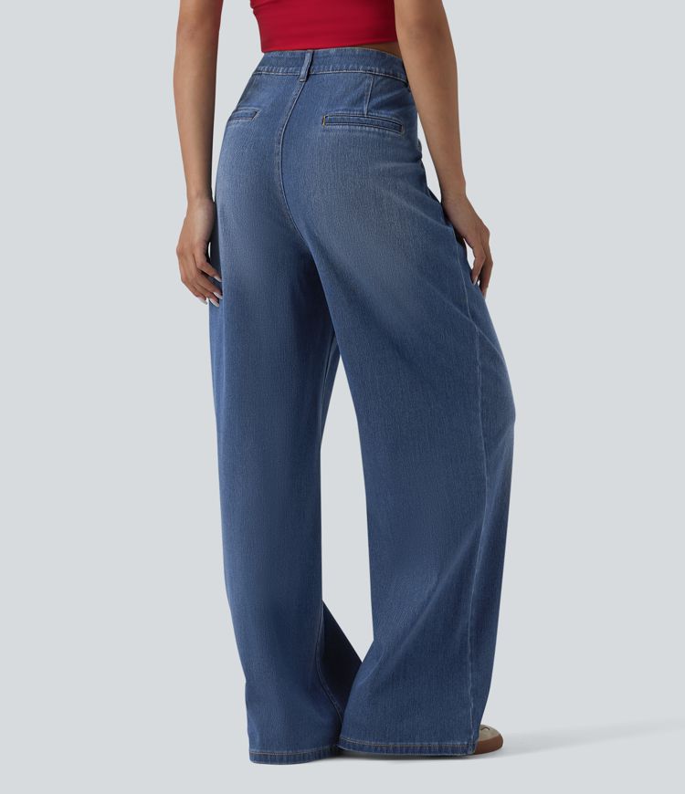 Halara Flex™ Asymmetric High Waisted Wide Leg Washed Casual Jeans with Pockets