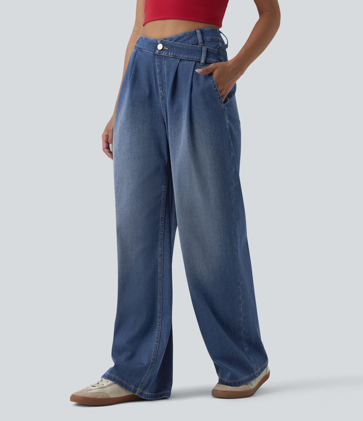 Halara Flex™ Asymmetric High Waisted Wide Leg Washed Casual Jeans with Pockets