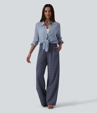 Lässige Hose mit hohem Bund, Reißverschlusstaschen, Kordelzug, Karomuster und weitem Bein - schnelltrocknend