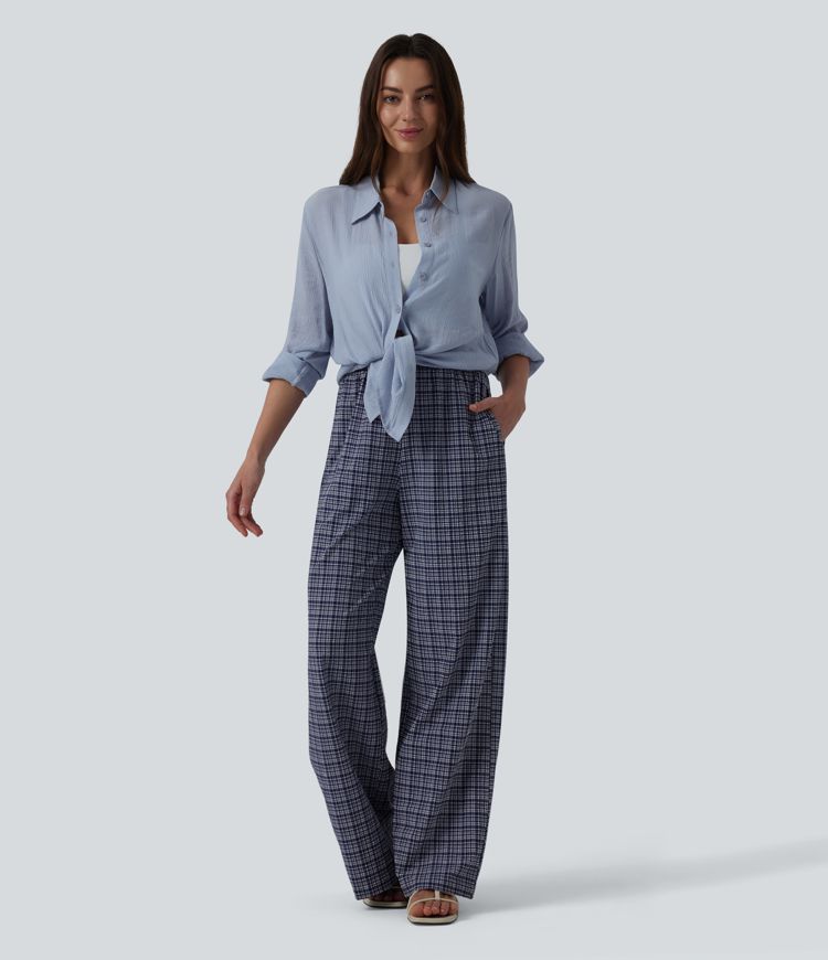 Lässige Hose mit hohem Bund, Reißverschlusstaschen, Kordelzug, Karomuster und weitem Bein - schnelltrocknend