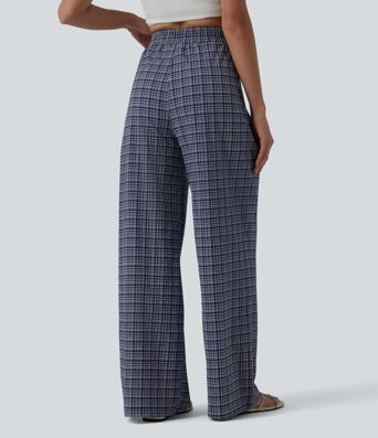 Lässige Hose mit hohem Bund, Reißverschlusstaschen, Kordelzug, Karomuster und weitem Bein - schnelltrocknend