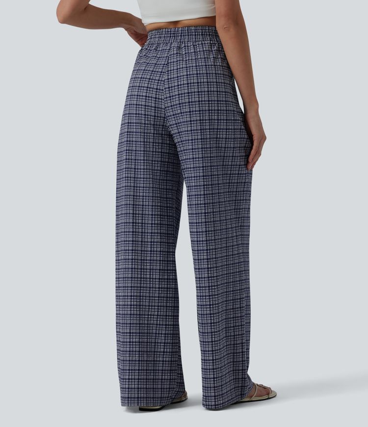 Lässige Hose mit hohem Bund, Reißverschlusstaschen, Kordelzug, Karomuster und weitem Bein - schnelltrocknend