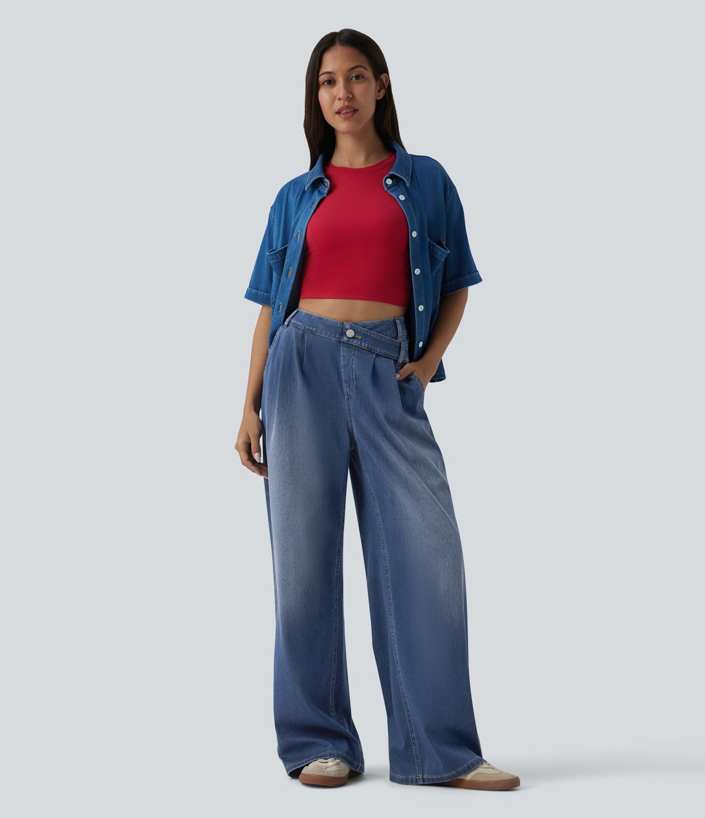 Halara Flex™ Asymmetric High Waisted Wide Leg Washed Casual Jeans with Pockets