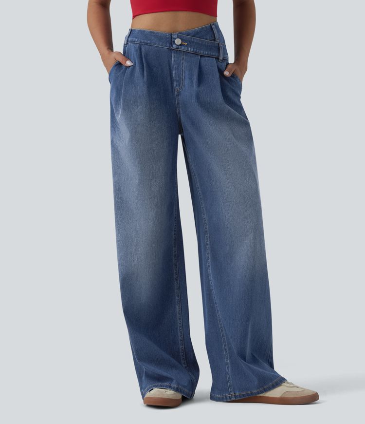 Halara Flex™ Asymmetric High Waisted Wide Leg Washed Casual Jeans with Pockets