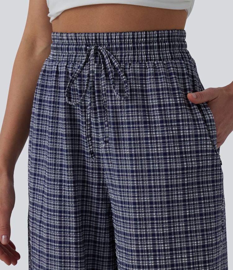 Lässige Hose mit hohem Bund, Reißverschlusstaschen, Kordelzug, Karomuster und weitem Bein - schnelltrocknend