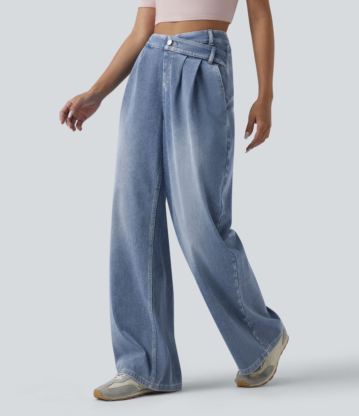 Halara Flex™ Jean large décontracté asymétrique taille haute délavé avec poches