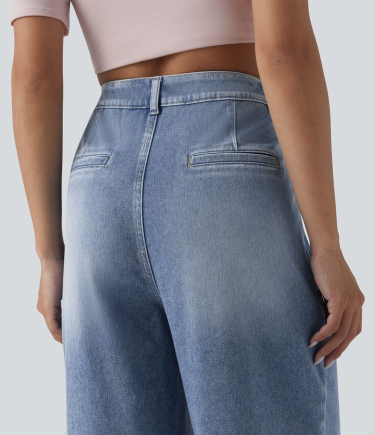 Halara Flex™ Jean large décontracté asymétrique taille haute délavé avec poches