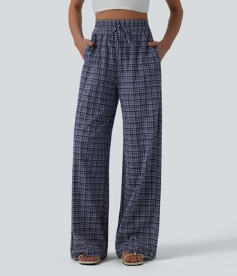 Lässige Hose mit hohem Bund, Reißverschlusstaschen, Kordelzug, Karomuster und weitem Bein - schnelltrocknend