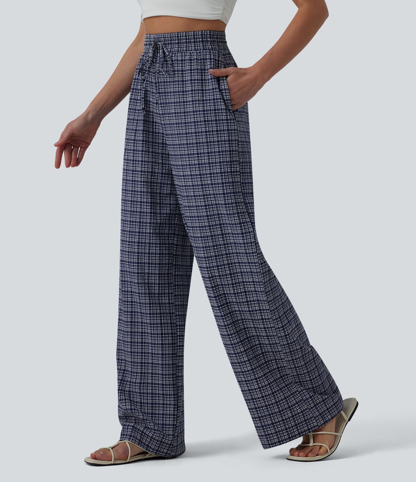 Lässige Hose mit hohem Bund, Reißverschlusstaschen, Kordelzug, Karomuster und weitem Bein - schnelltrocknend