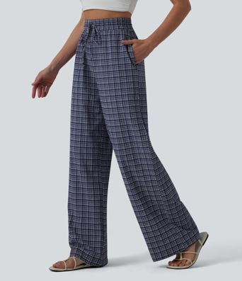 Lässige Hose mit hohem Bund, Reißverschlusstaschen, Kordelzug, Karomuster und weitem Bein - schnelltrocknend