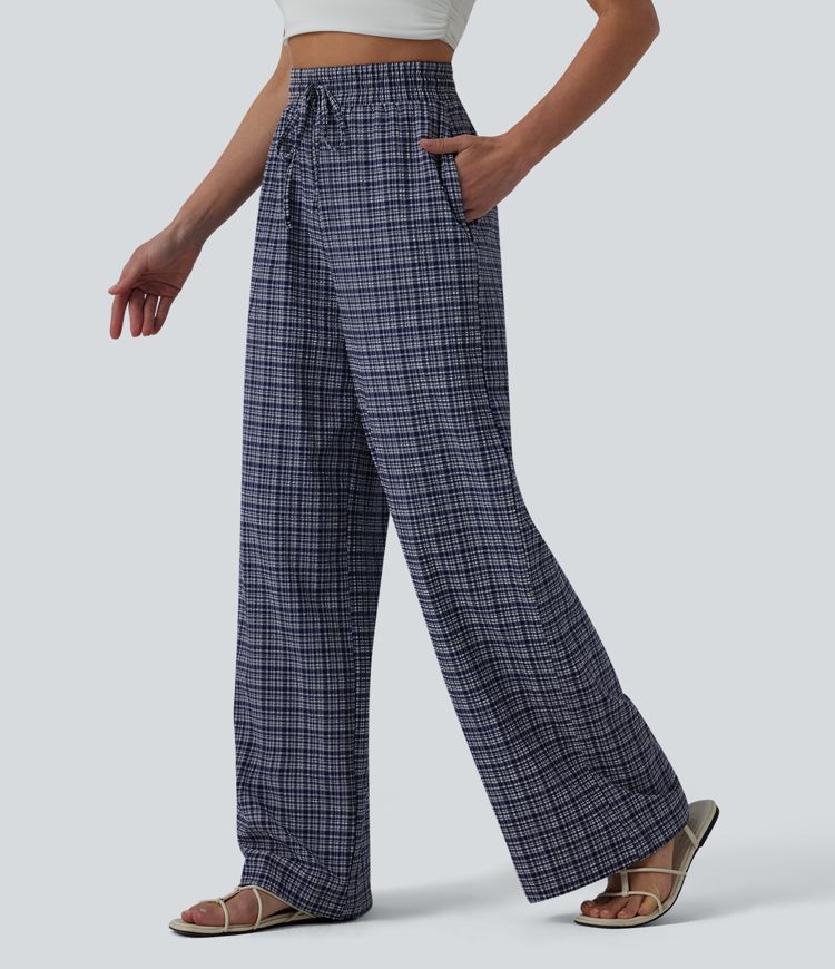 Lässige Hose mit hohem Bund, Reißverschlusstaschen, Kordelzug, Karomuster und weitem Bein - schnelltrocknend