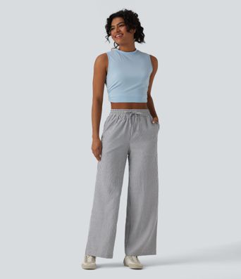 High Waisted Drawstring Stripes Linen-Feel Casual Baggy Trousers with Pockets