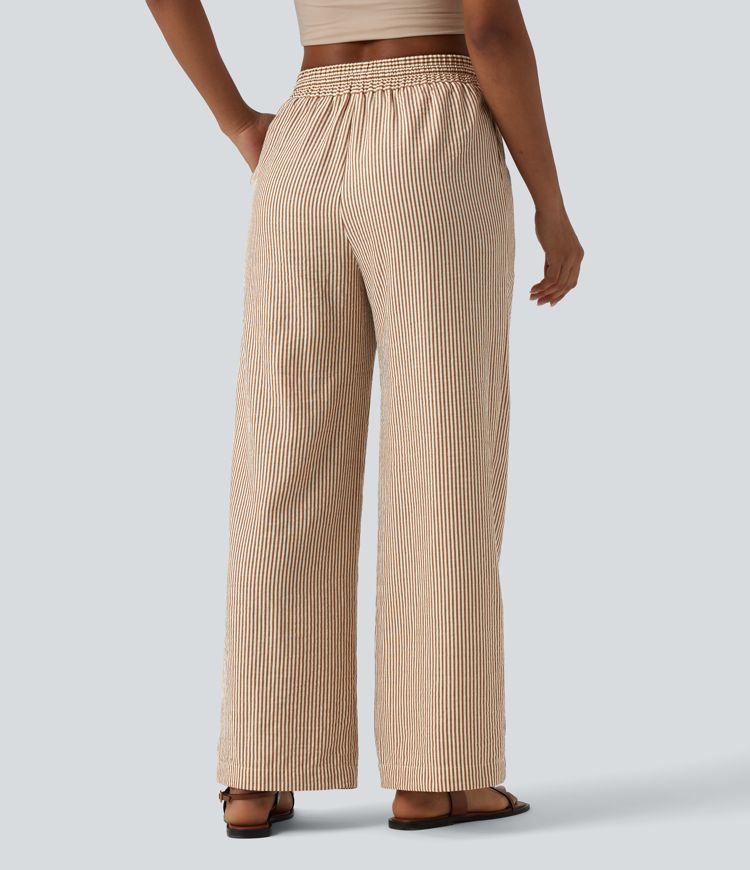 Hoch geschnittene, gestreifte, leinenähnliche, lässige weite Hose mit Kordelzug und Taschen