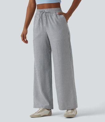 High Waisted Drawstring Stripes Linen-Feel Casual Baggy Trousers with Pockets