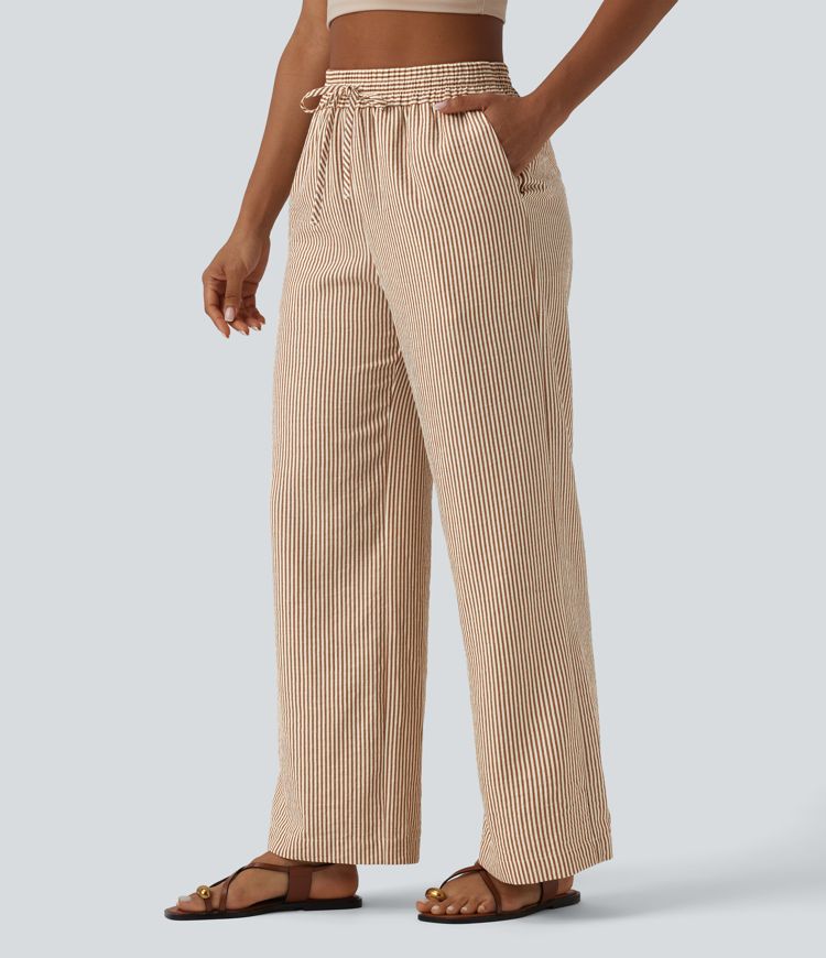 Hoch geschnittene, gestreifte, leinenähnliche, lässige weite Hose mit Kordelzug und Taschen