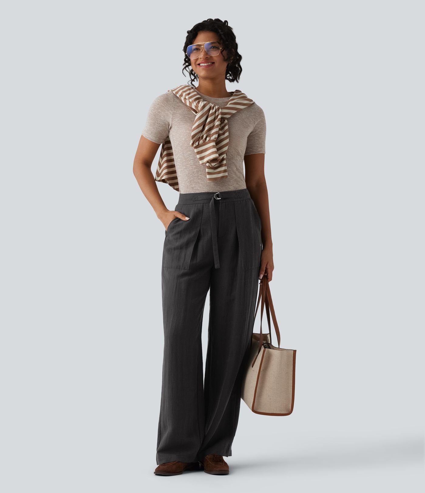 Verstellbare, hochtaillierte Leinen-Baggyhose im Work‑Stil mit Taschen