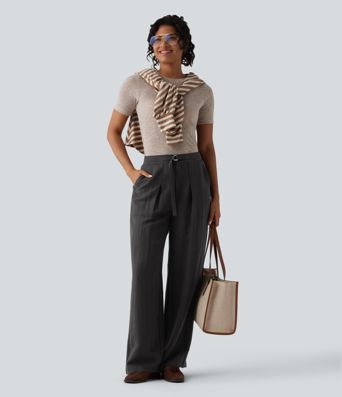 Verstellbare, hochtaillierte Leinen-Baggyhose im Work‑Stil mit Taschen