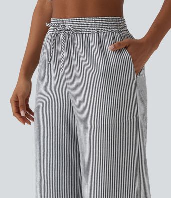 High Waisted Drawstring Stripes Linen-Feel Casual Baggy Trousers with Pockets