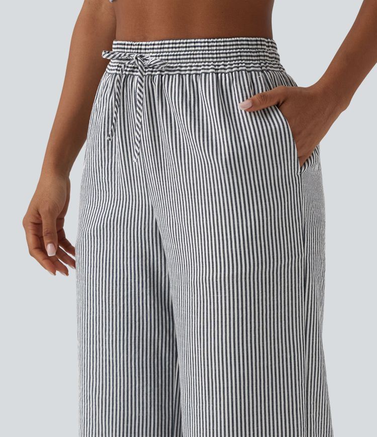 High Waisted Drawstring Stripes Linen-Feel Casual Baggy Trousers with Pockets