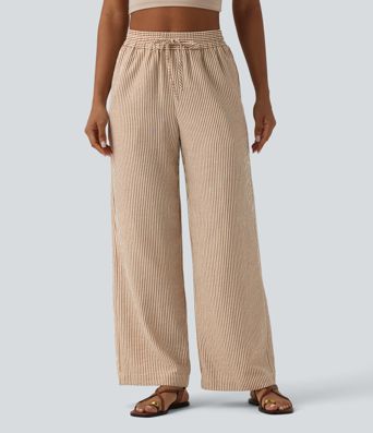 Hoch geschnittene, gestreifte, leinenähnliche, lässige weite Hose mit Kordelzug und Taschen