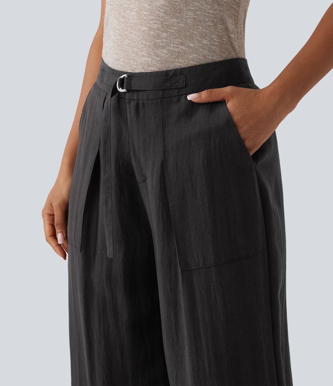 Verstellbare, hochtaillierte Leinen-Baggyhose im Work‑Stil mit Taschen