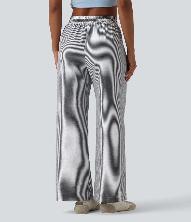 High Waisted Drawstring Stripes Linen-Feel Casual Baggy Trousers with Pockets