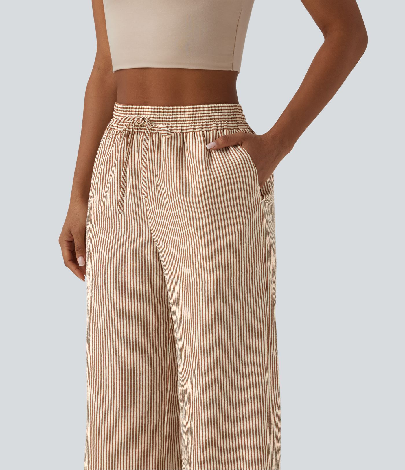 Hoch geschnittene, gestreifte, leinenähnliche, lässige weite Hose mit Kordelzug und Taschen