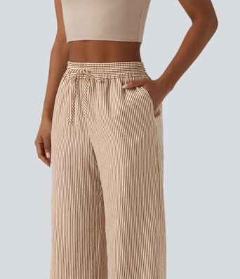 Hoch geschnittene, gestreifte, leinenähnliche, lässige weite Hose mit Kordelzug und Taschen