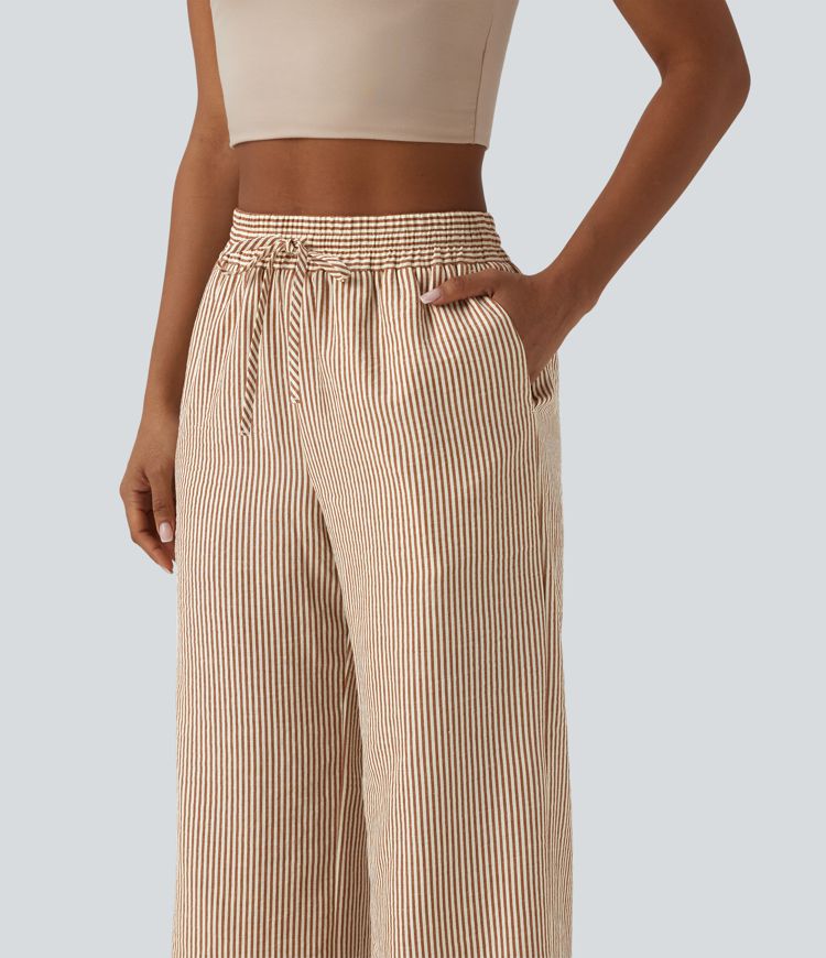 Hoch geschnittene, gestreifte, leinenähnliche, lässige weite Hose mit Kordelzug und Taschen