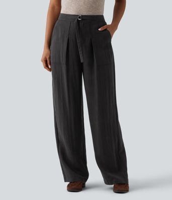 Verstellbare, hochtaillierte Leinen-Baggyhose im Work‑Stil mit Taschen