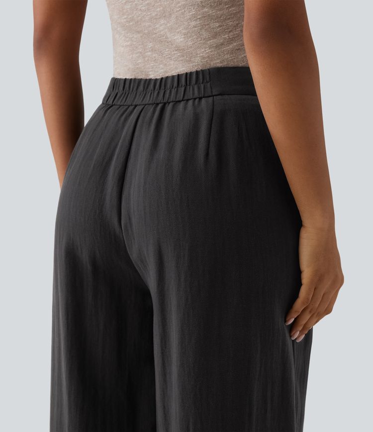 Verstellbare, hochtaillierte Leinen-Baggyhose im Work‑Stil mit Taschen