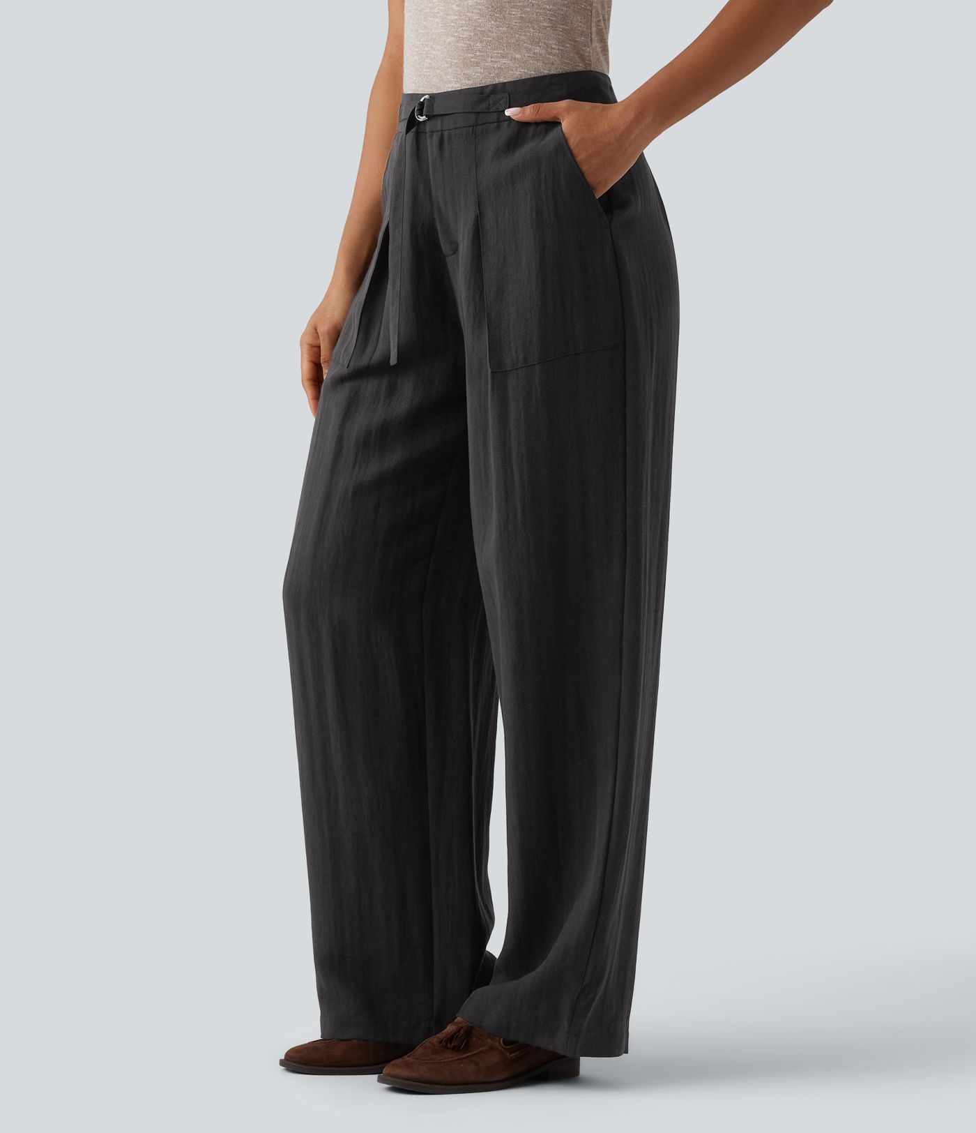 Verstellbare, hochtaillierte Leinen-Baggyhose im Work‑Stil mit Taschen