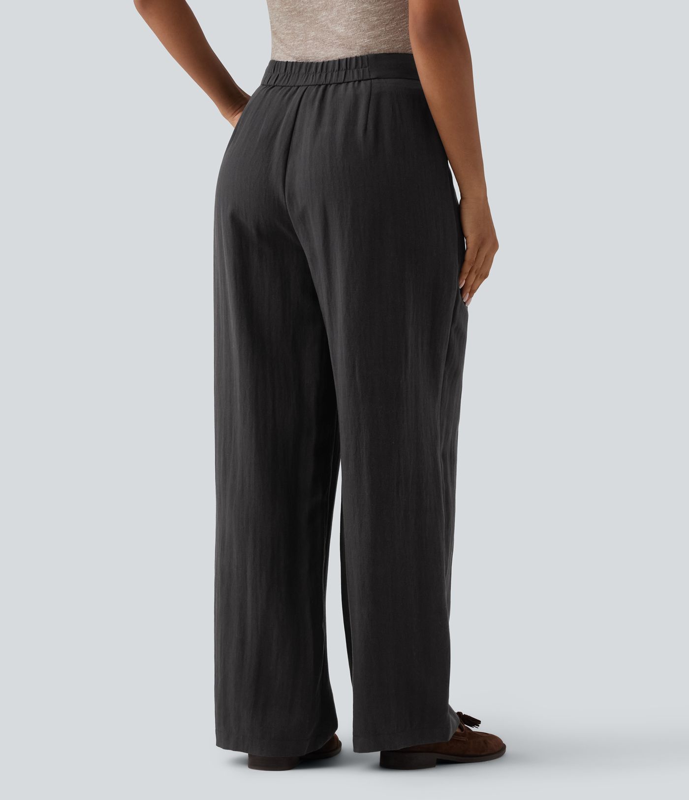 Verstellbare, hochtaillierte Leinen-Baggyhose im Work‑Stil mit Taschen