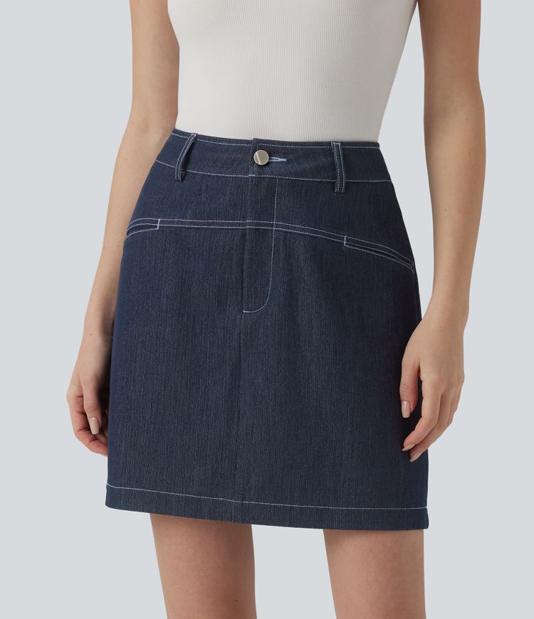 High Waisted Mini 2-in-1 Denim-Like Casual A-line Skirt with Pockets