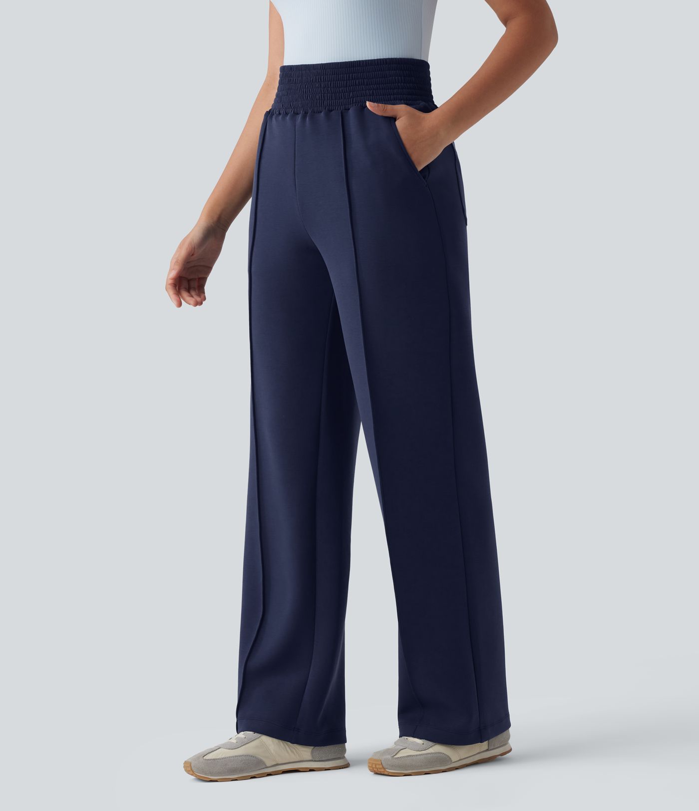 SpacerTek™ High Waisted Shirred Casual Straight Leg Sweatpants with Pockets