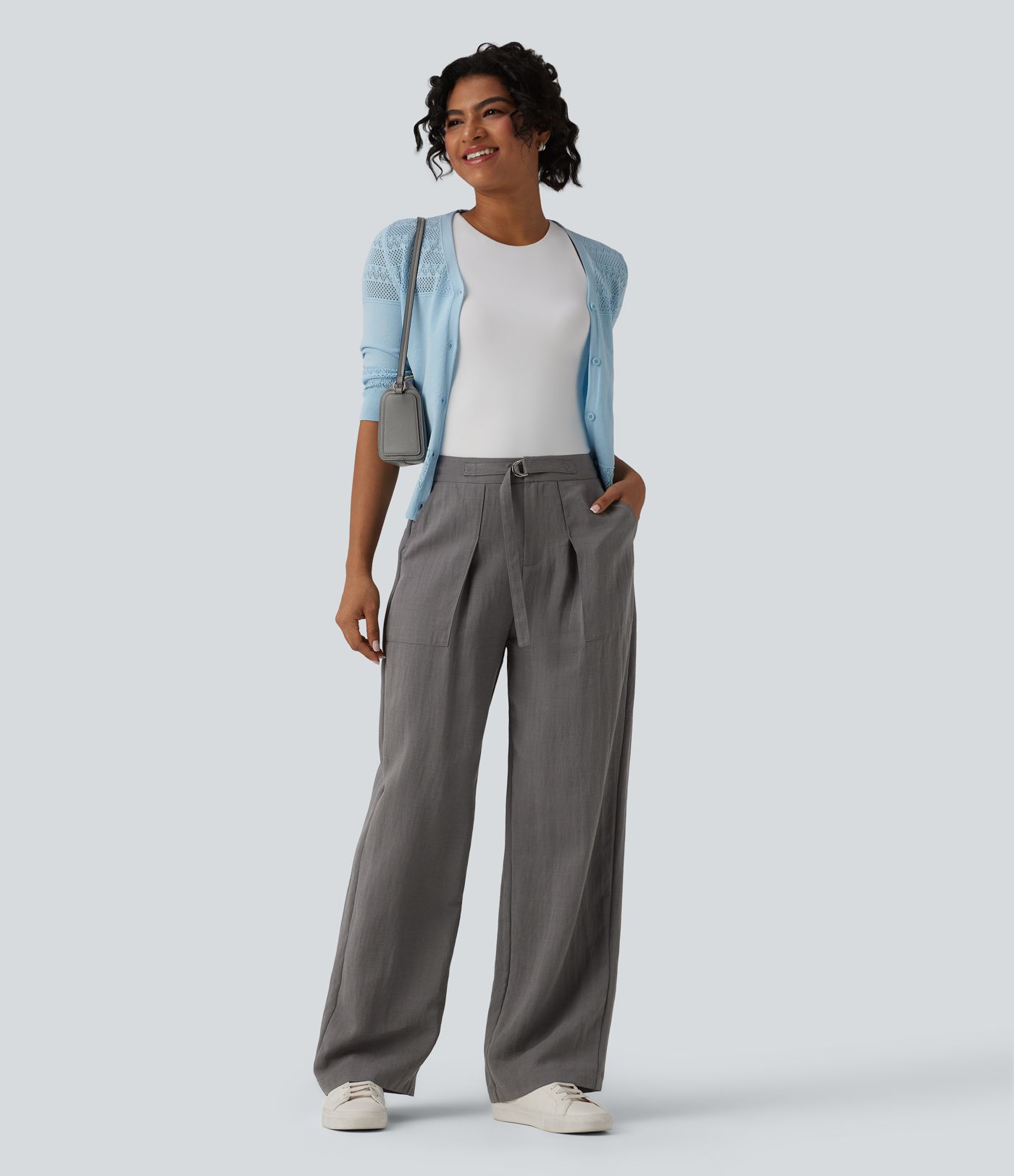 Adjustable High Waisted Linen Work Baggy Pants with Pockets