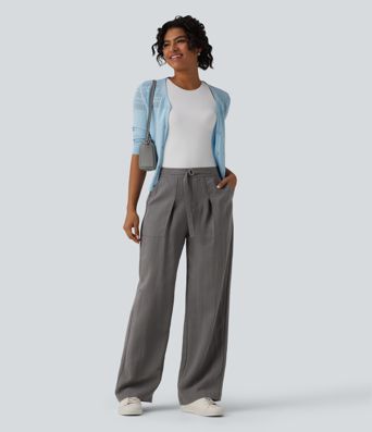 Adjustable High Waisted Linen Work Baggy Pants with Pockets