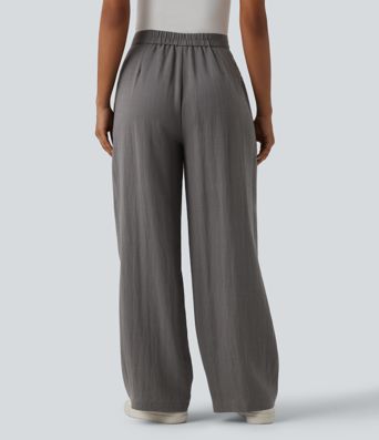 Adjustable High Waisted Linen Work Baggy Pants with Pockets